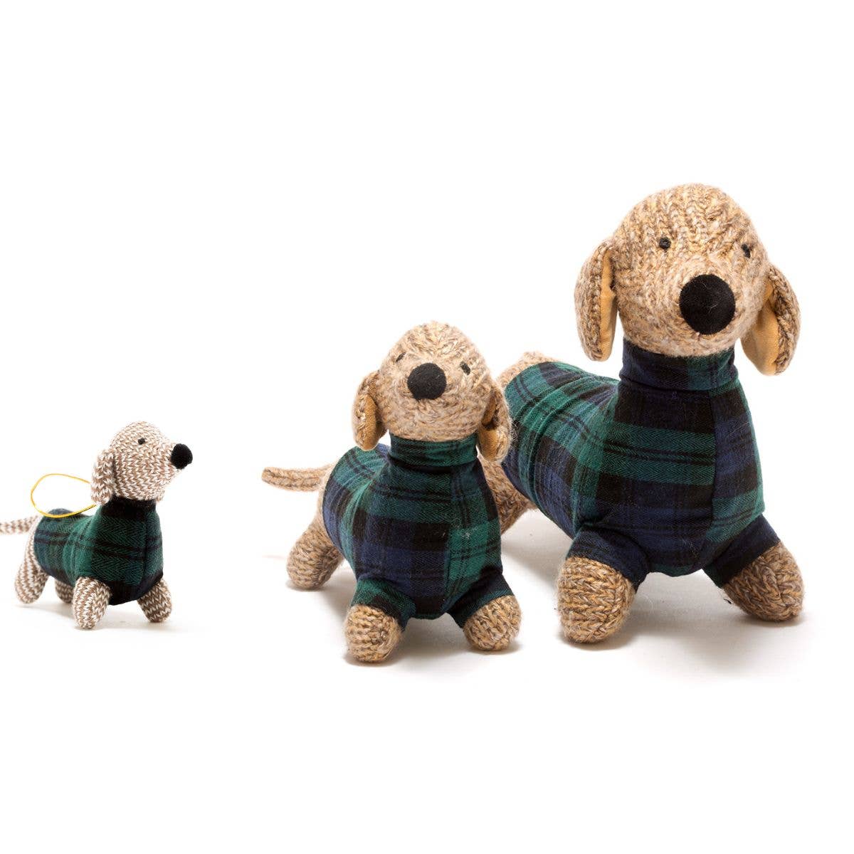 Sausage Dog Knitted Baby Rattle in Tartan Coat