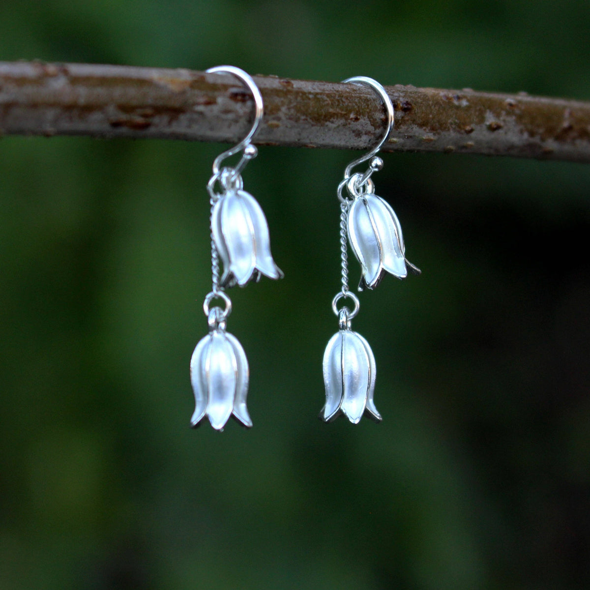 Silver Bluebell Flower Double Drop Earrings