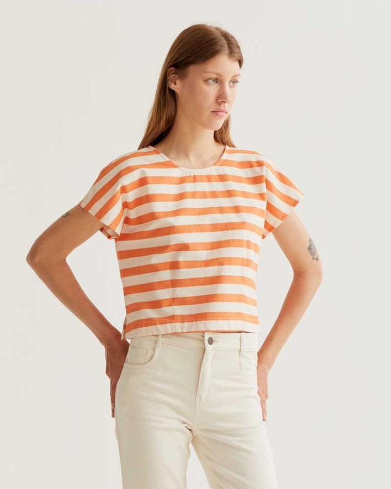 Orange Stripe Cap-Sleeved T-Shirt by Compania Fantastica