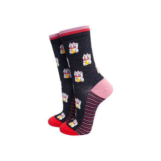 Lucky Cat Bamboo Socks in Black