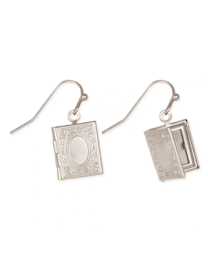 Treasured Keepsake Silver Book Floral Locket Earrings