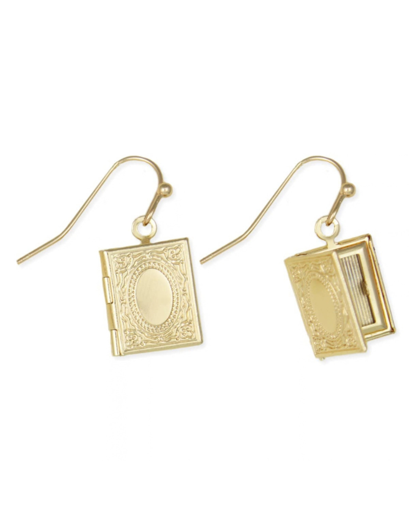 Treasured Keepsake Gold Book Floral Locket Earrings