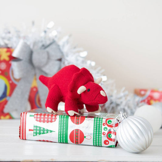 Knitted Triceratops Dinosaur Baby Rattle in Red