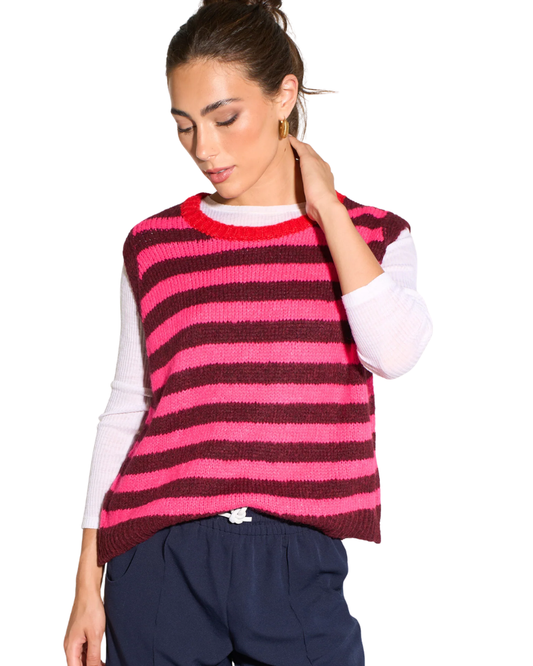 Striped Italian Wool Blend Tank Top in Berry/Pink