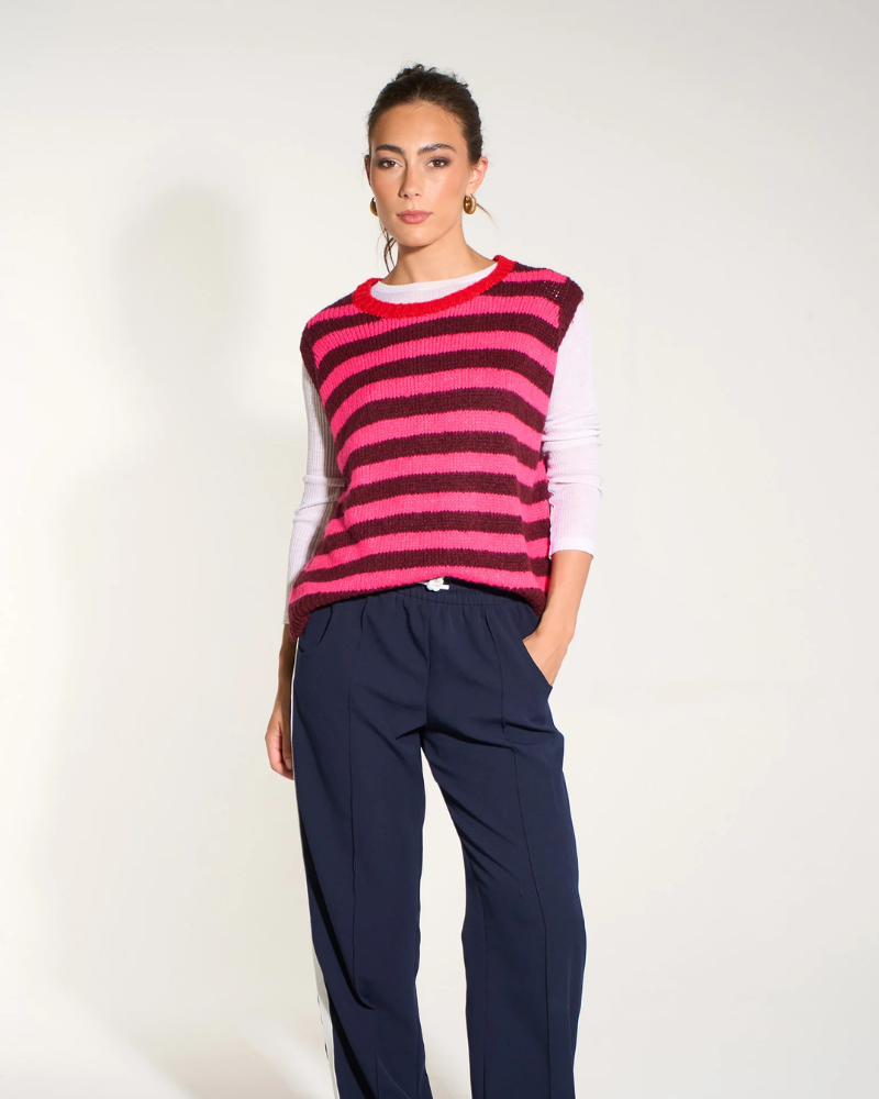 Striped Italian Wool Blend Tank Top in Berry/Pink