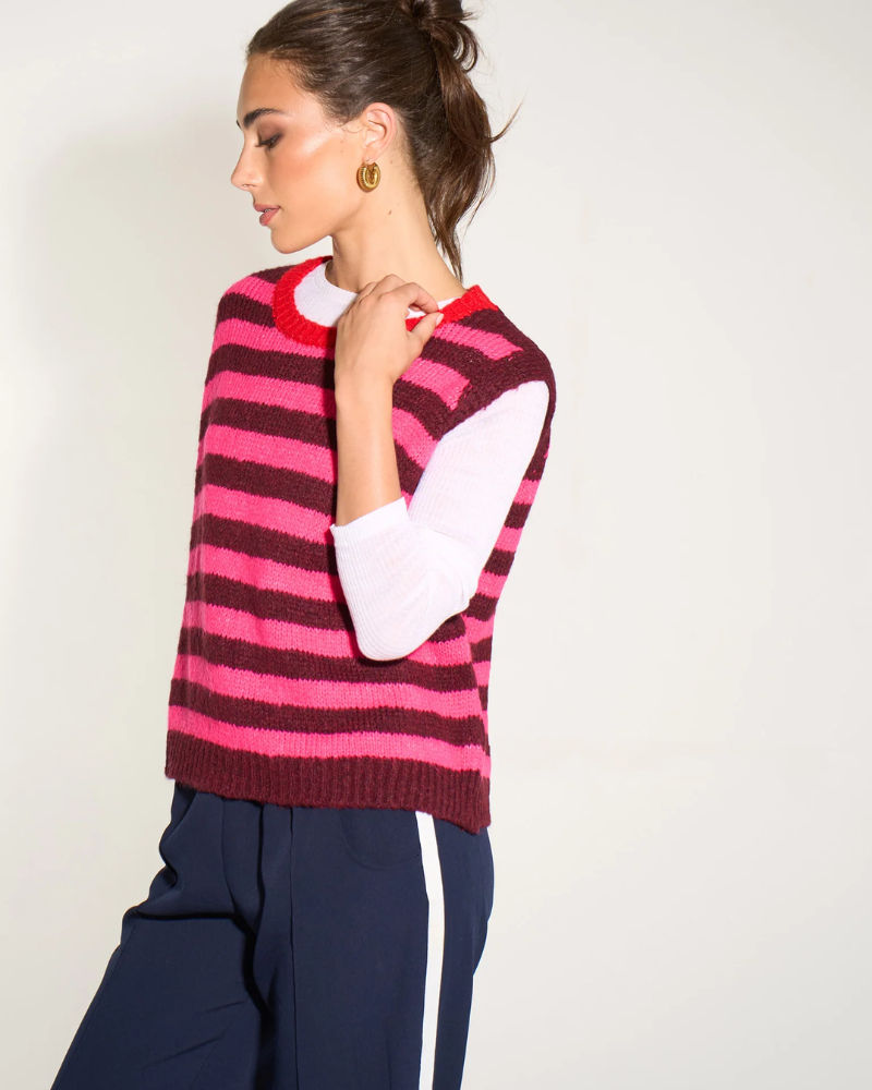 Striped Italian Wool Blend Tank Top in Berry/Pink