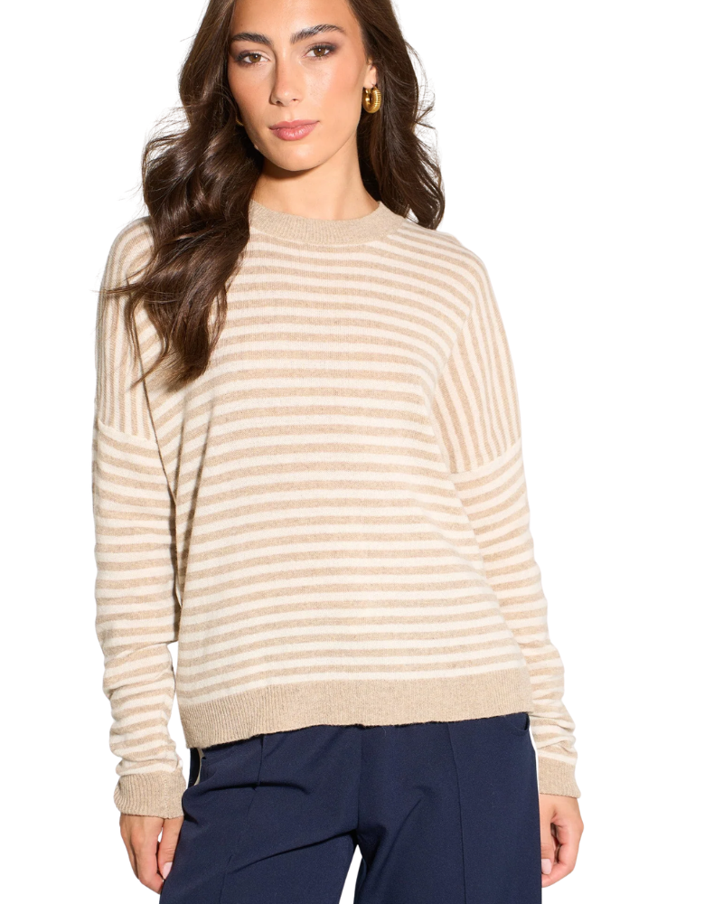 Striped Long Sleeve Italian Cashmere Wool Blend Jumper in Beige