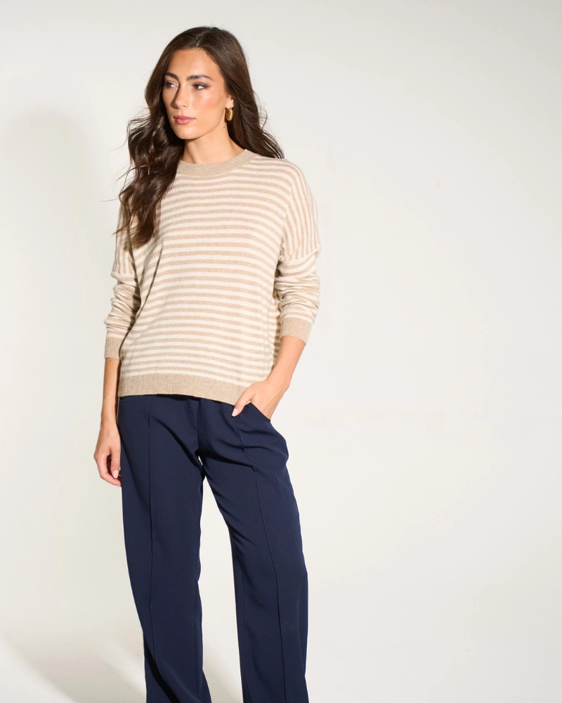 Striped Long Sleeve Italian Cashmere Wool Blend Jumper in Beige