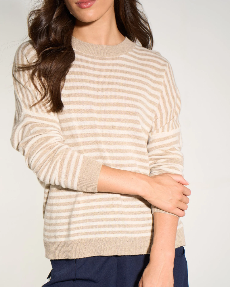 Striped Long Sleeve Italian Cashmere Wool Blend Jumper in Beige
