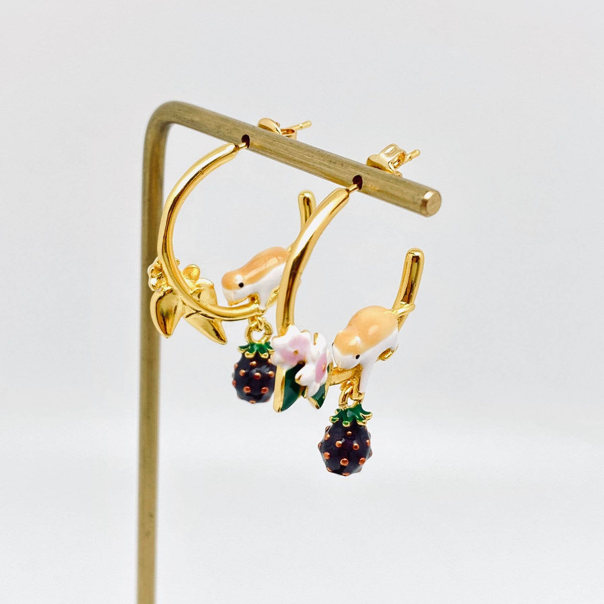 Chipmunk Picking Raspberries Enamel Hoop Earrings