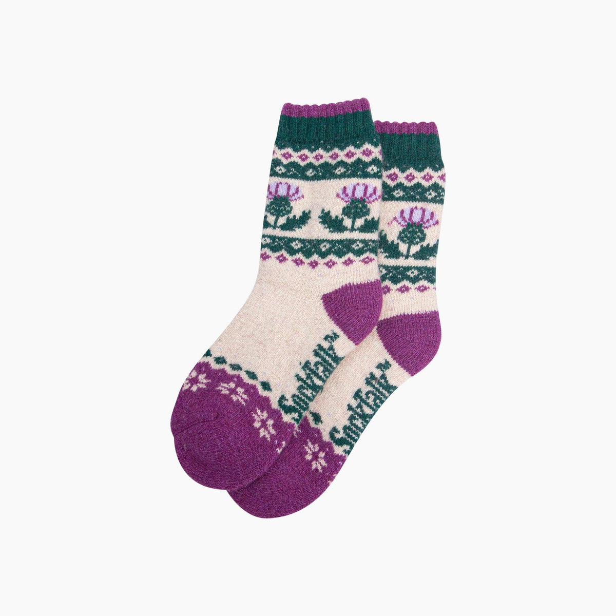 Thistle Patterned Wool Socks in Cream/Green