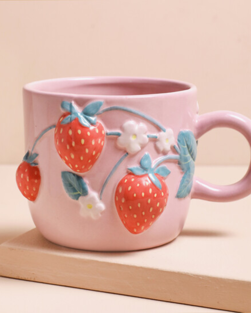 Pink Embossed Strawberry Flower Mug