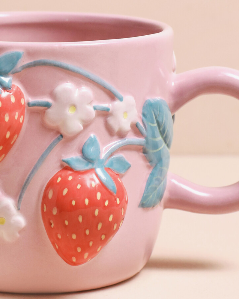Pink Embossed Strawberry Flower Mug