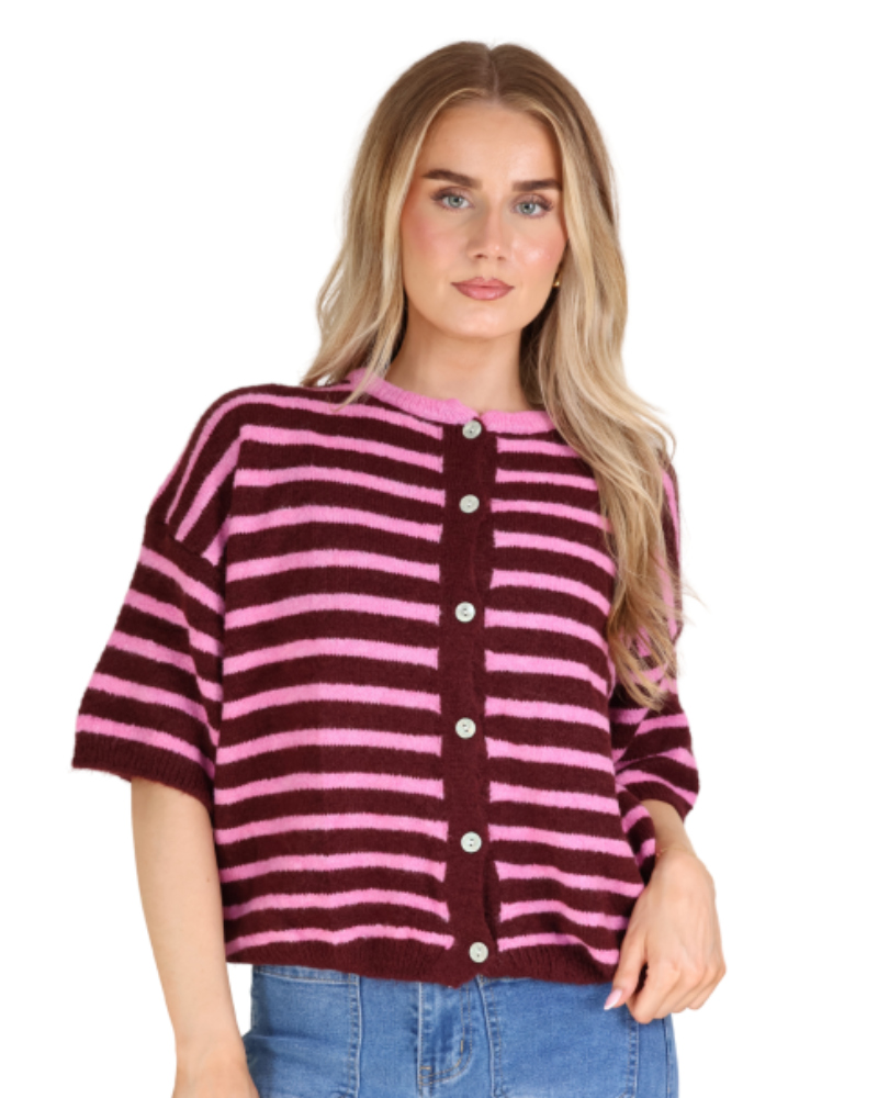Striped Baby Alpaca Cardigan in Pink/ Burgundy
