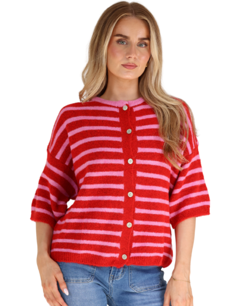 Striped Baby Alpaca Cardigan in Pink/ Red