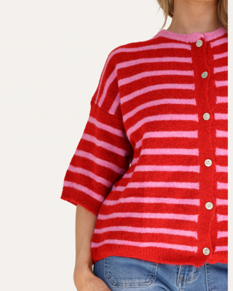 Striped Baby Alpaca Cardigan in Pink/ Red