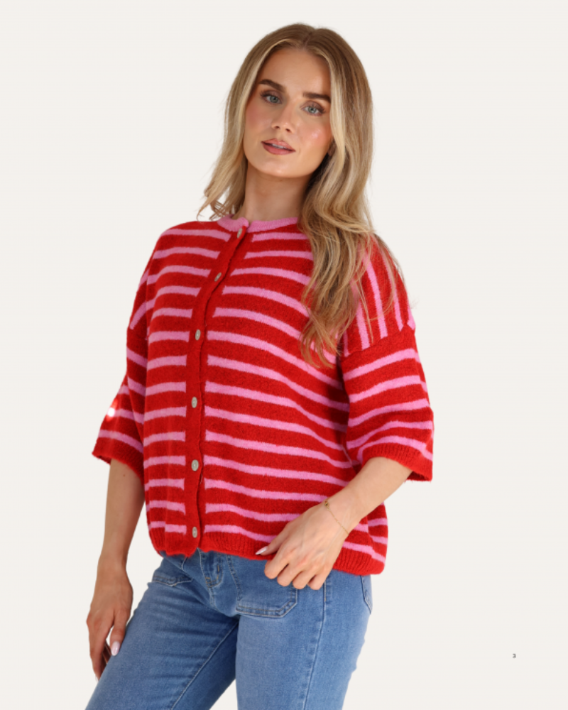 Striped Baby Alpaca Cardigan in Pink/ Red