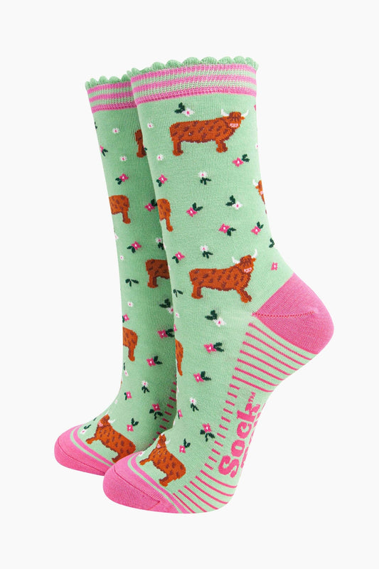 Highland Cow Floral Meadow Bamboo Socks