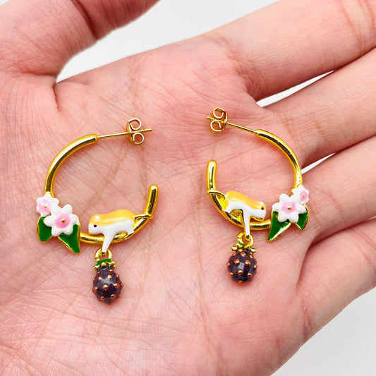 Chipmunk Picking Raspberries Enamel Hoop Earrings