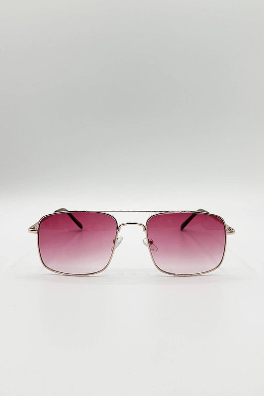 Metal Frame Square Aviator Sunglasses In Gold & Pink