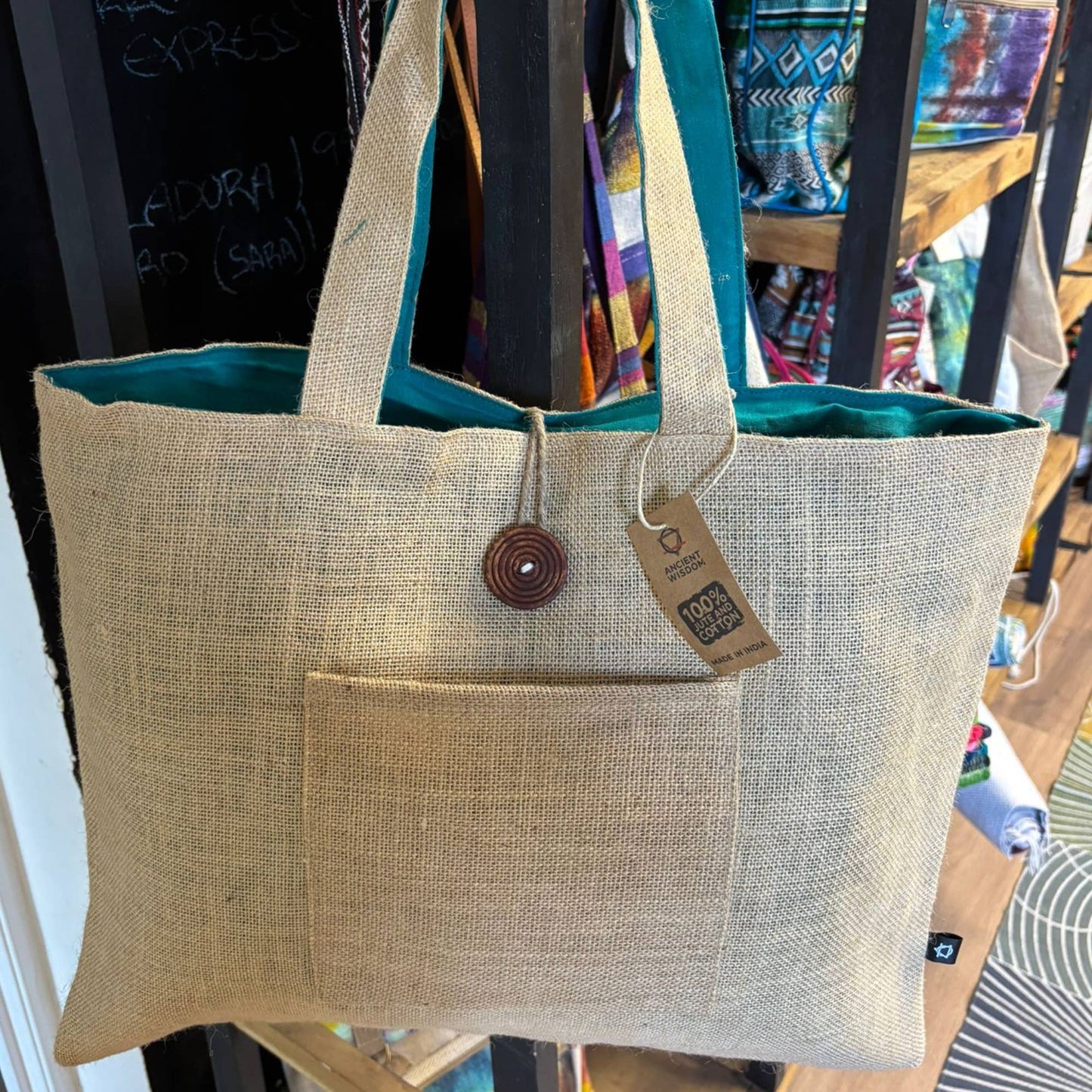 Jute & Cotton Reversible Big Bag in Teal
