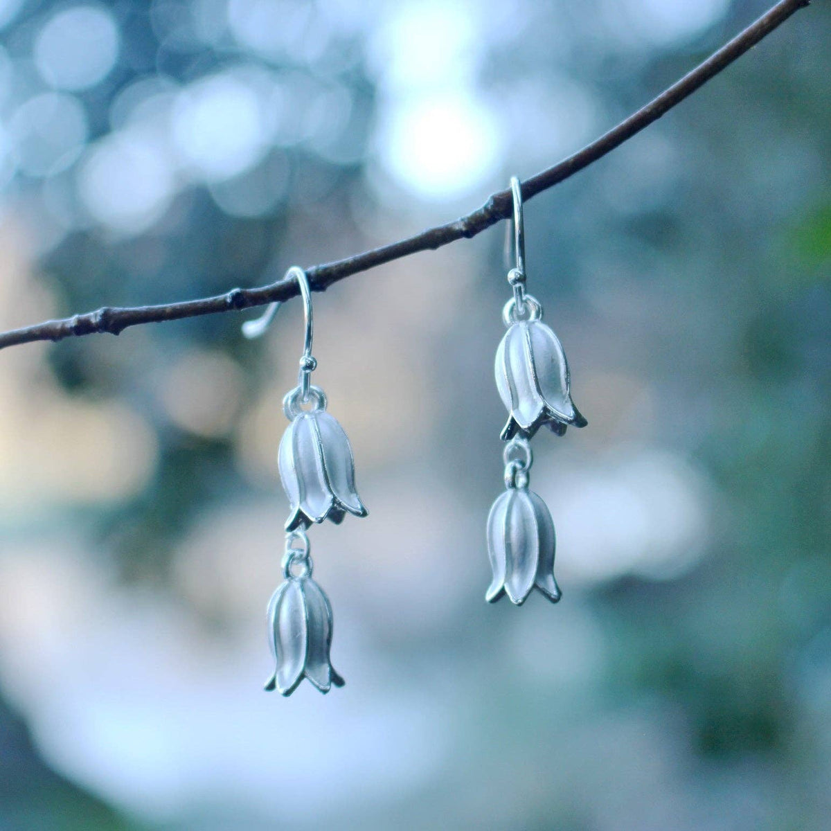 Silver Bluebell Flower Double Drop Earrings