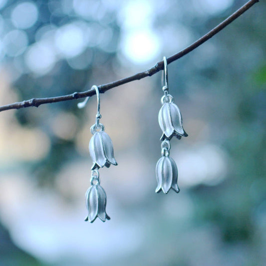 Silver Bluebell Flower Double Drop Earrings