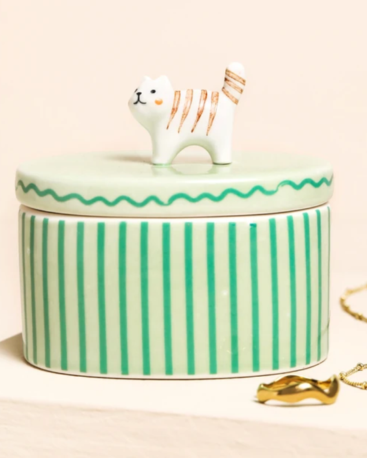 Green Oval Ceramic Cat Trinket Pot