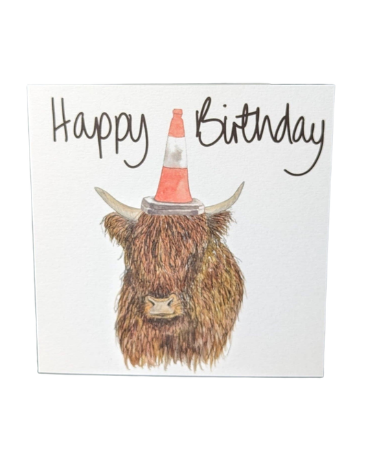 Traffic Cone Highland Cow Birthday Card