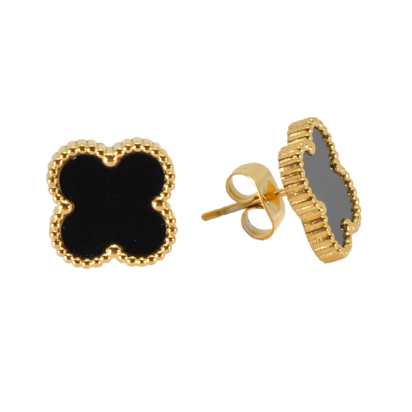 Black Four Leaf Clover Stud Earrings 18K Gold Plated