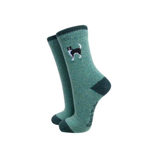 Collie Dog Embroidered Wool Socks in Green