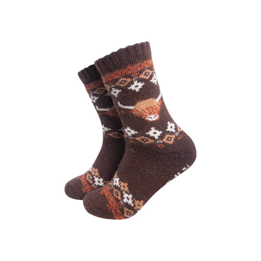 Highland Cow Patterned Wool Socks in Brown