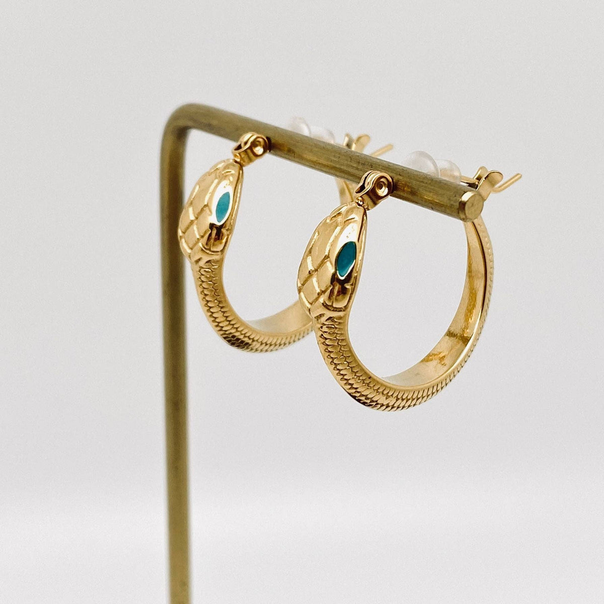 Enamel Green Eyes Snake 18K Gold Plated Hoop Earrings
