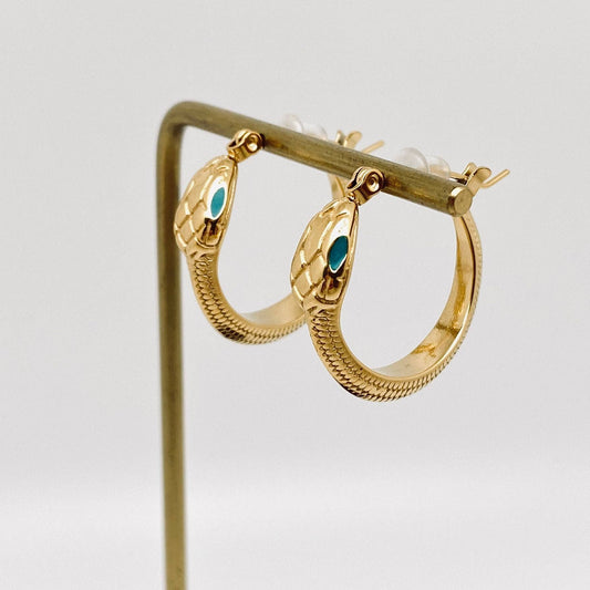 Enamel Green Eyes Snake 18K Gold Plated Hoop Earrings
