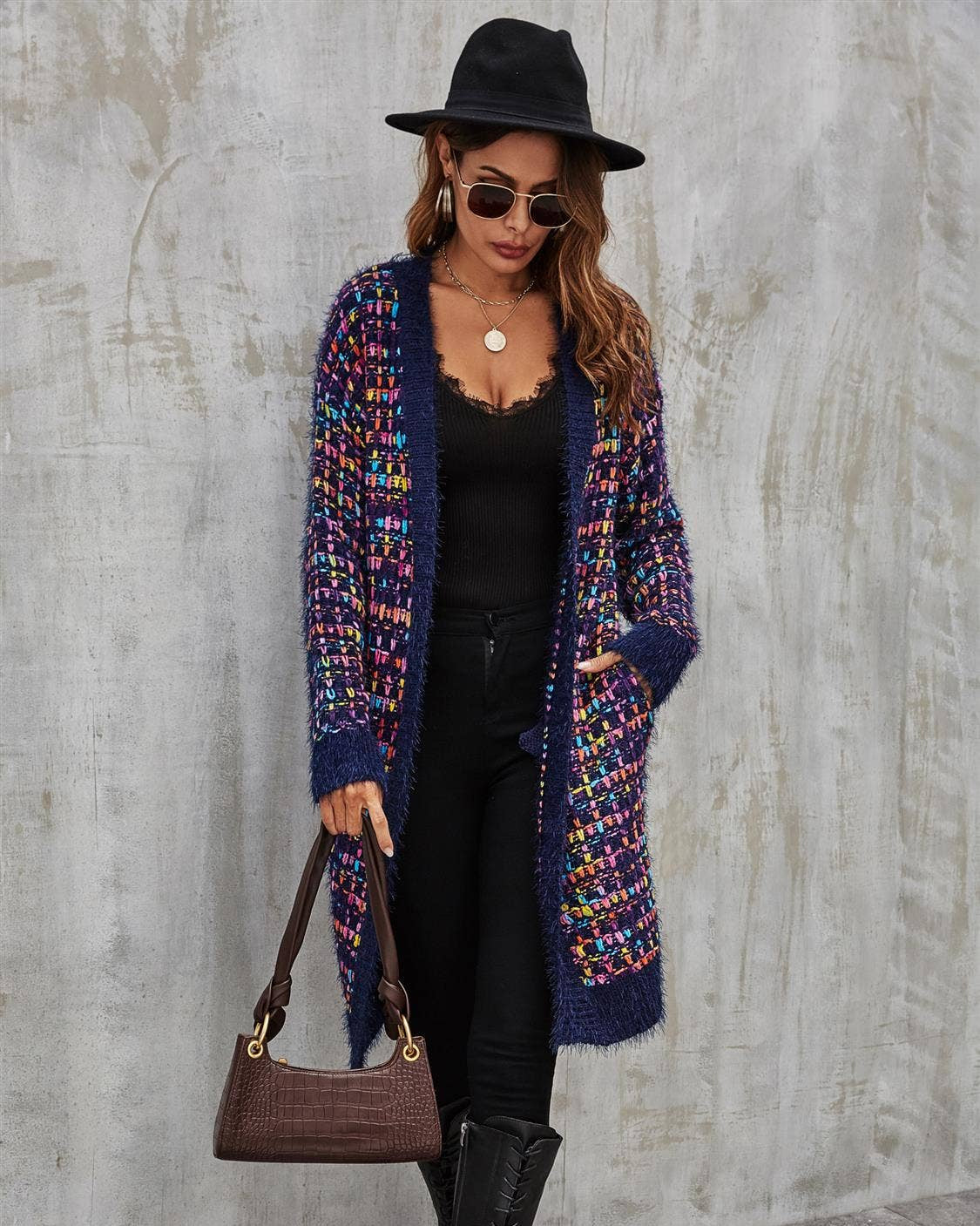 Speckles Boucle Check Cardigan In Navy