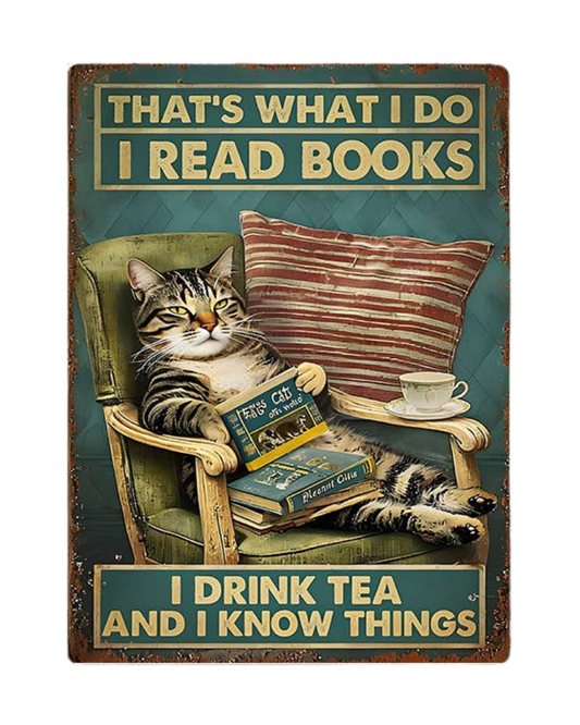 Read Books Drink Tea Know Things Cat Metal Sign Plaque: 6x8inch