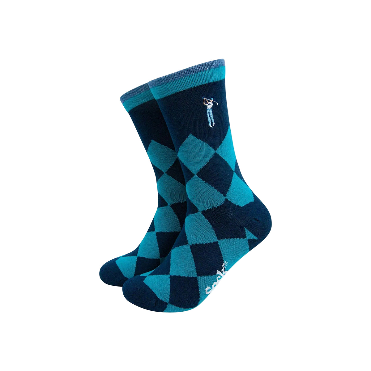 Embroidered Golfer Argyle Combed Cotton Socks in Blue