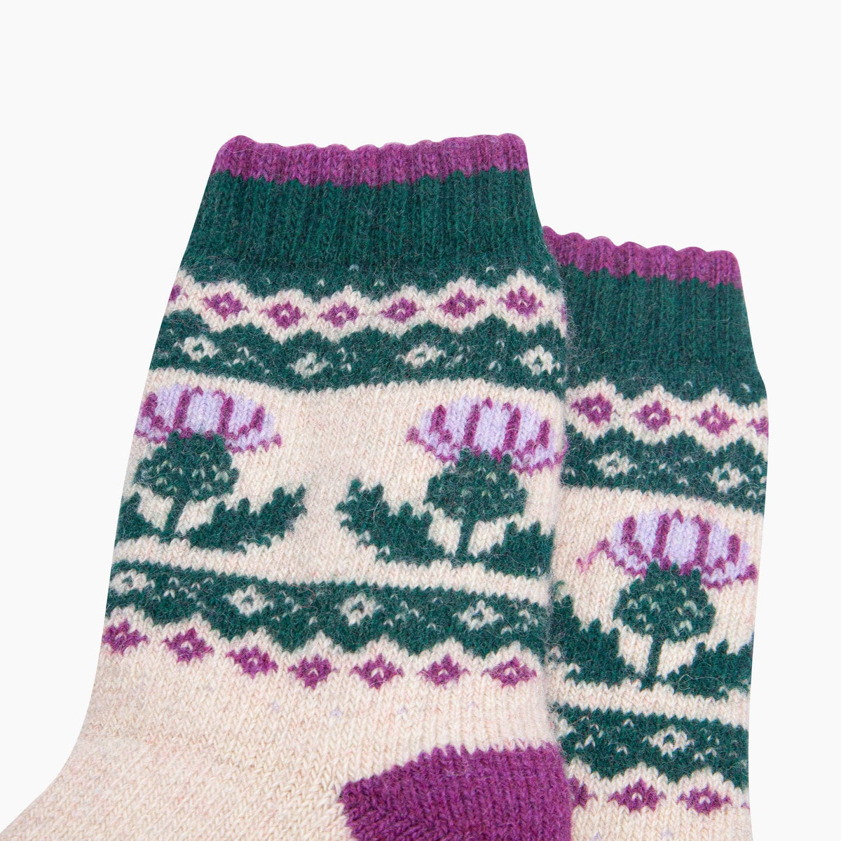 Thistle Patterned Wool Socks in Cream/Green