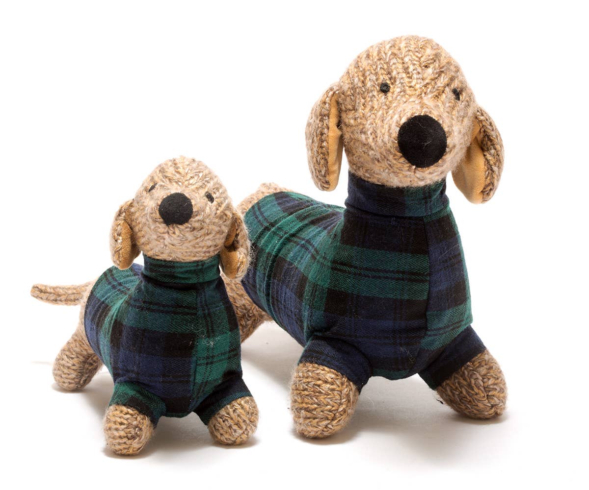Sausage Dog Knitted Baby Rattle in Tartan Coat