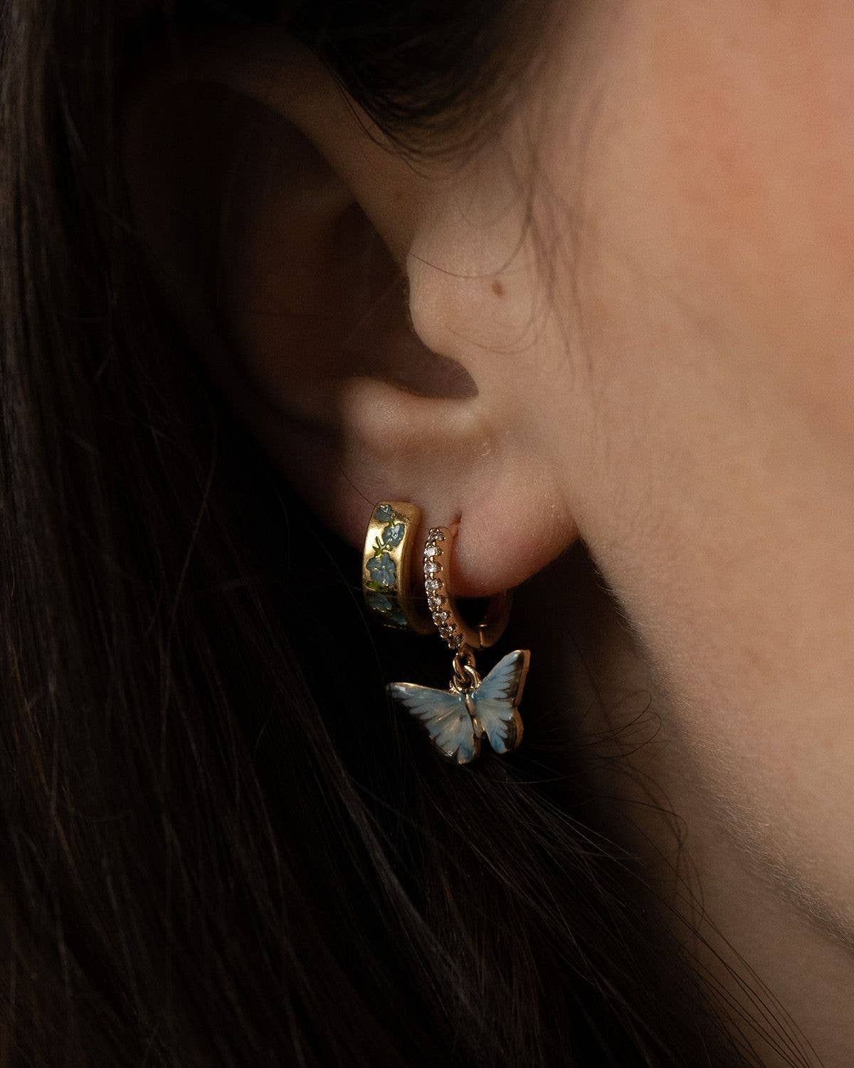 Enamel Blue Butterfly Huggie Earrings