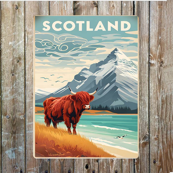 Scotland Highland Cow Travel Poster Metal Sign Plaque 8x10inch
