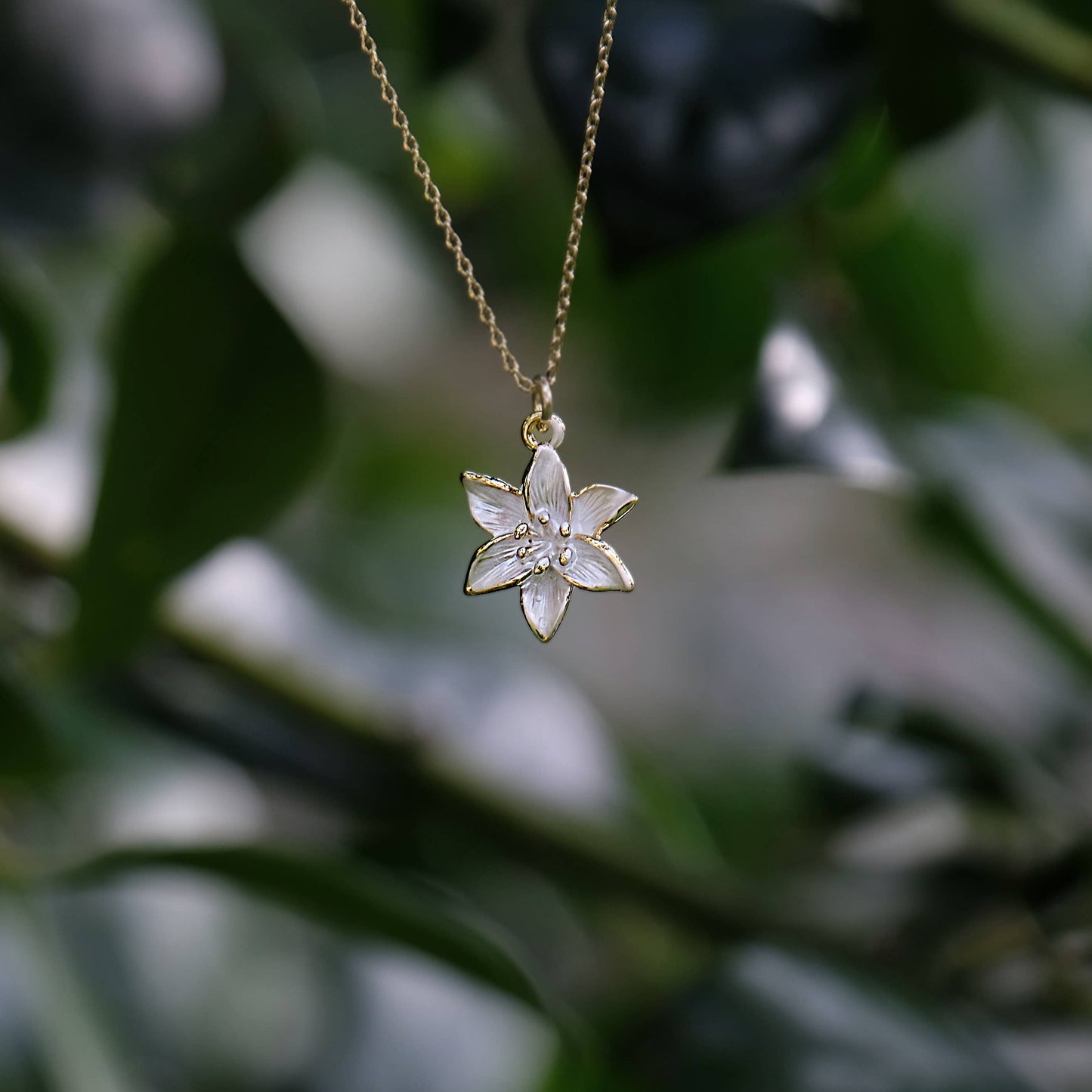 Lily White Flower Pendant Necklace in Gold