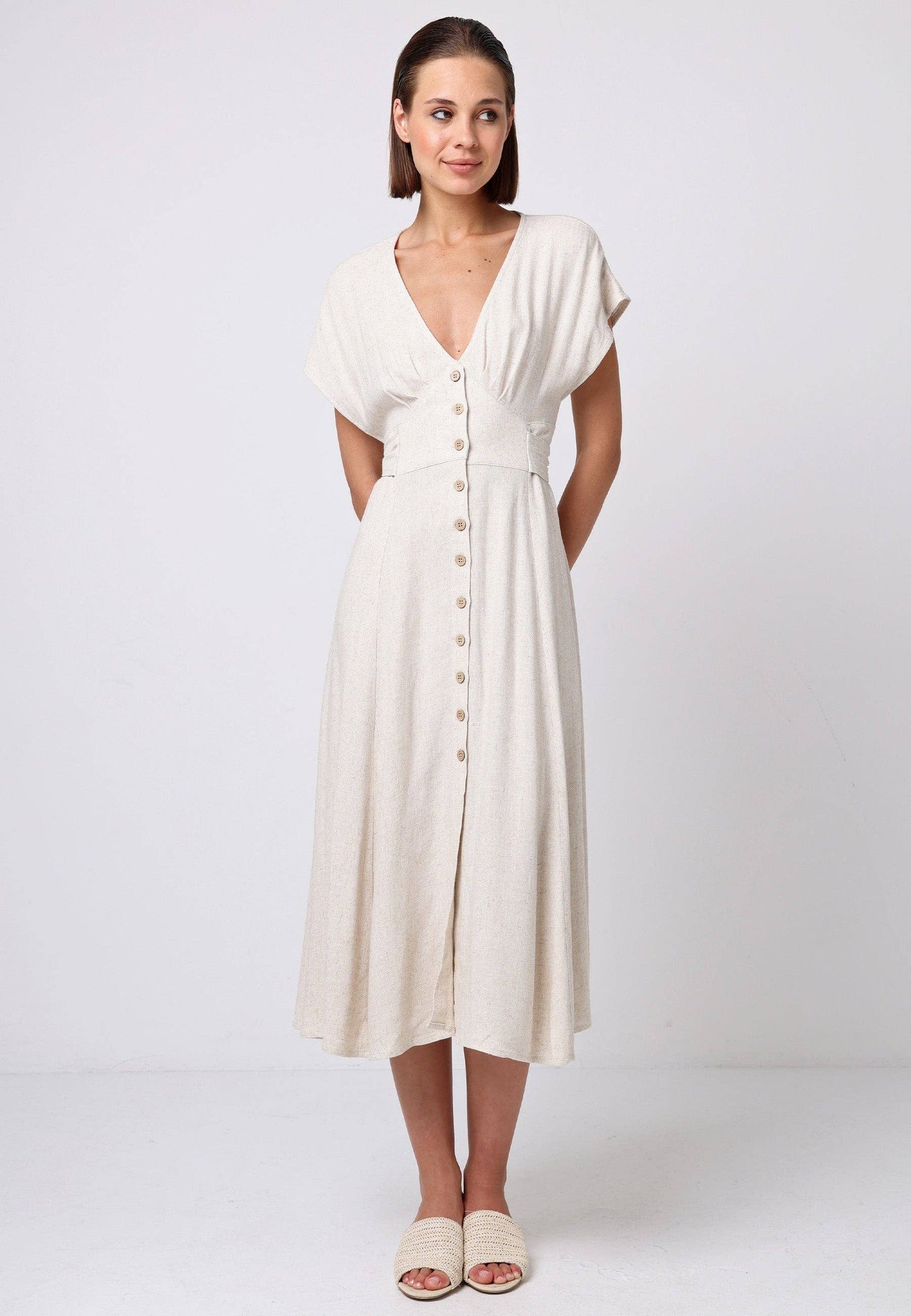 Linen V-Neck Batwing Button Midi Dress