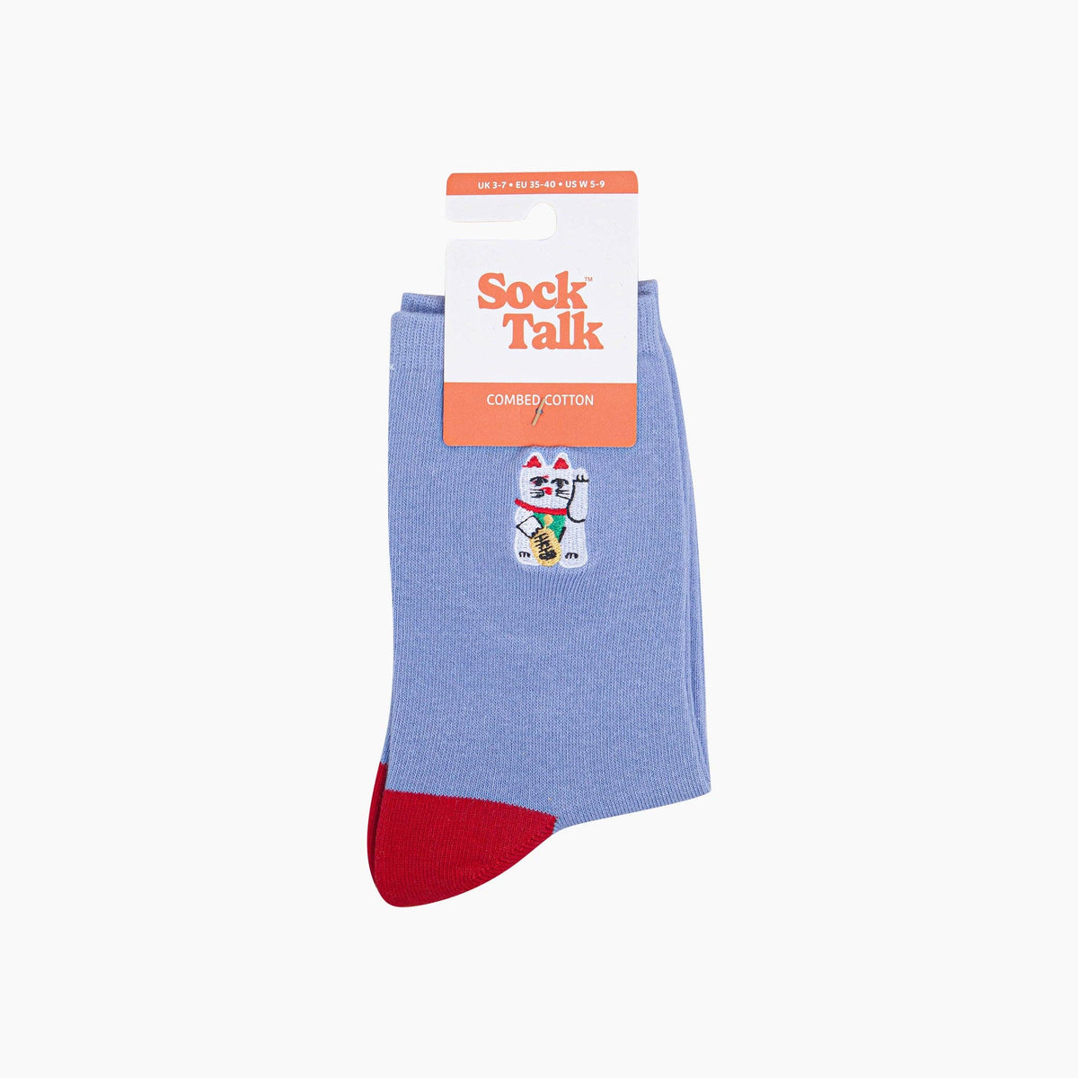 Lucky Cat Combed Cotton Embroidered Socks in Blue/Red