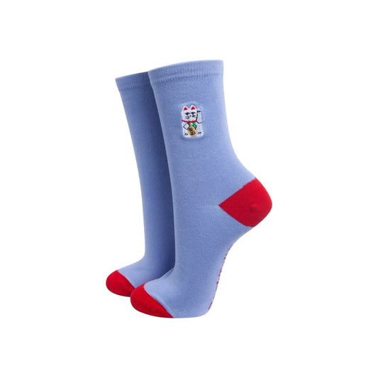 Lucky Cat Combed Cotton Embroidered Socks in Blue/Red