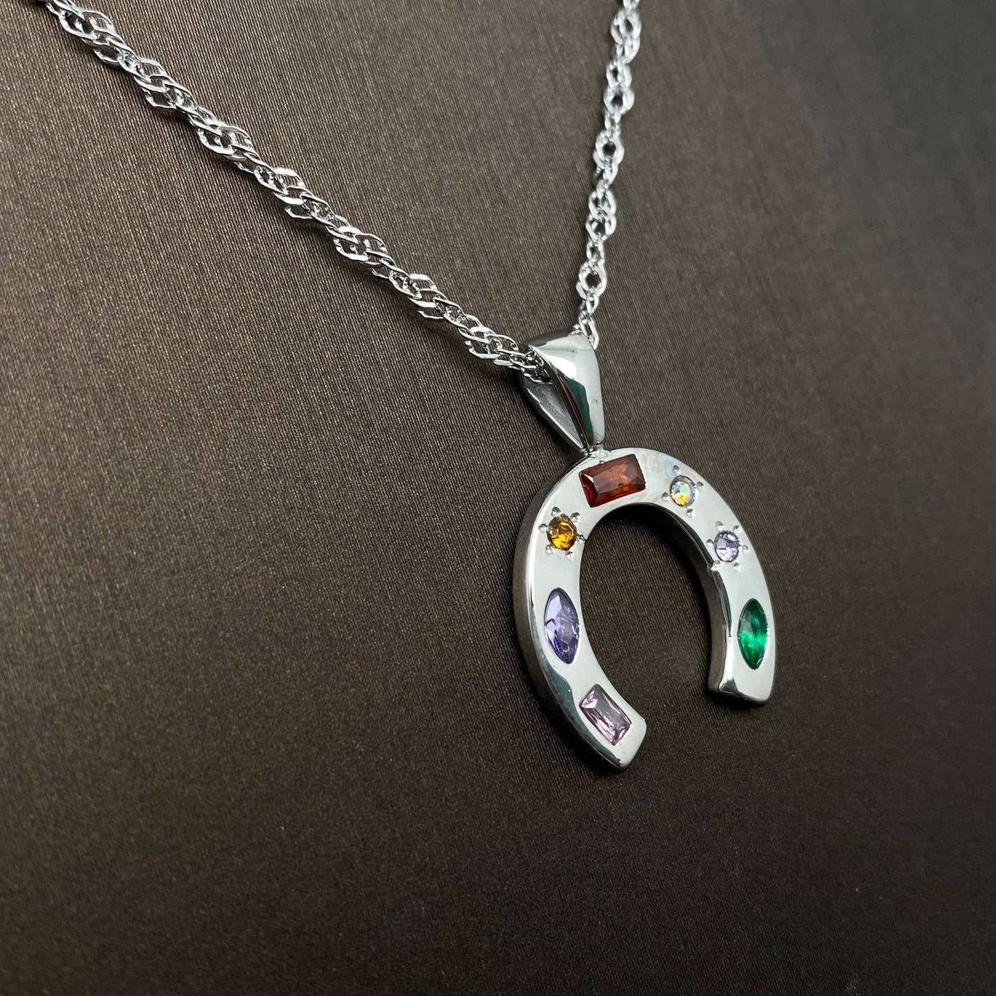 Inlaid CZ Stainless Steel Horseshoe Necklace in Silver