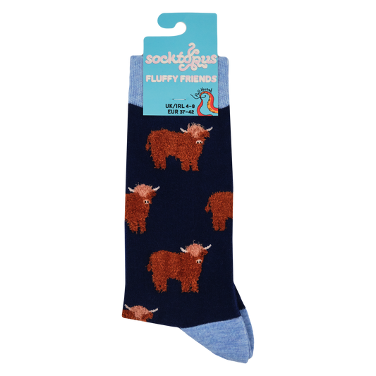 Navy Fluffy Highland Cow Crew Socks