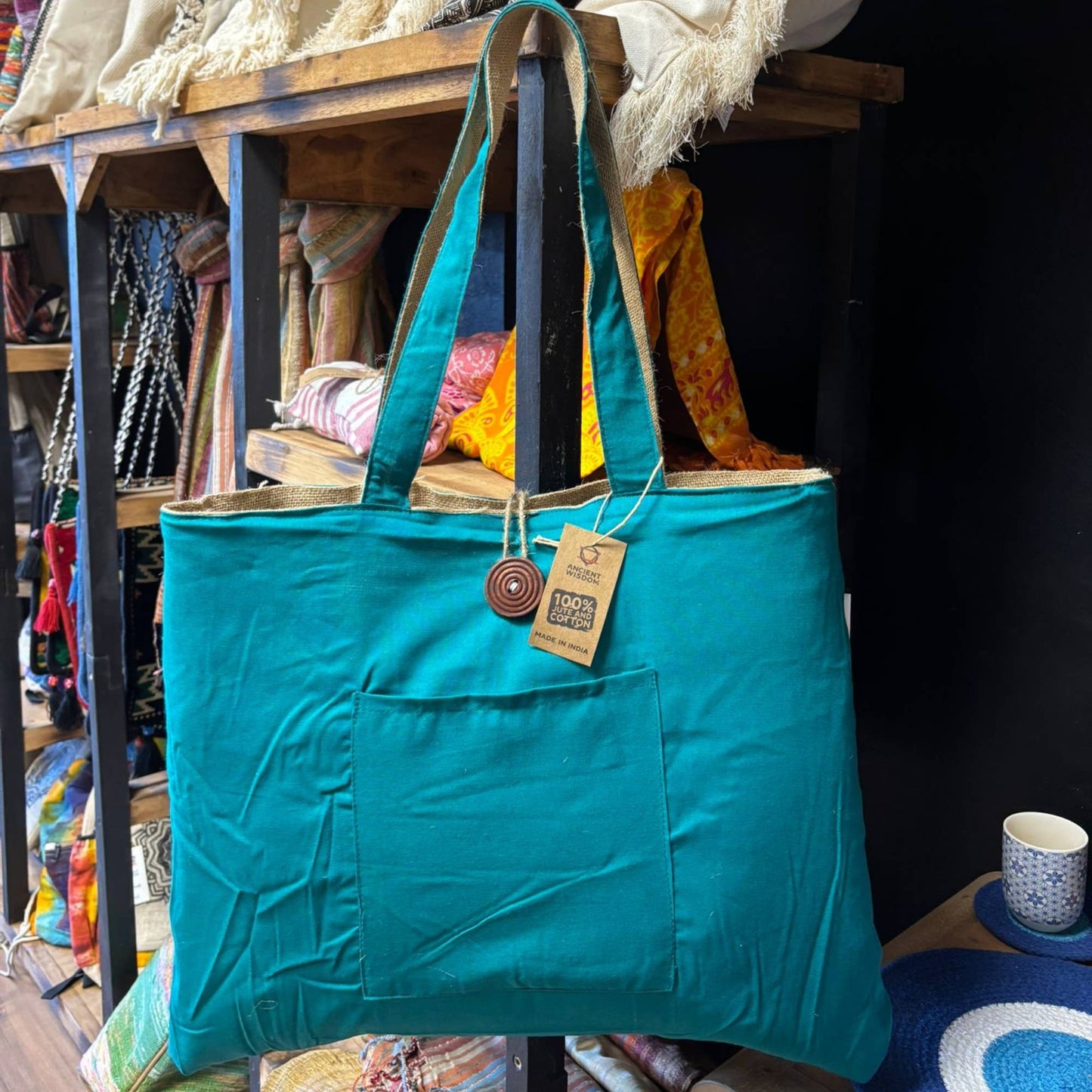 Jute & Cotton Reversible Big Bag in Teal