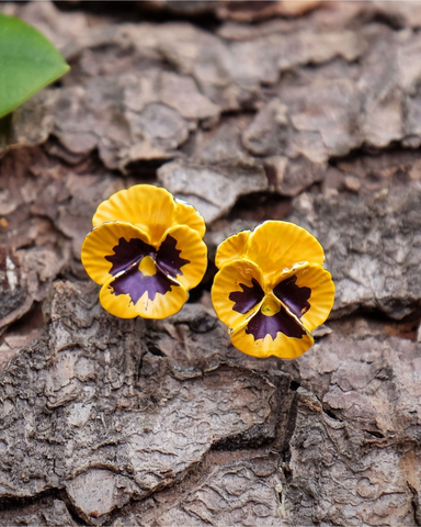 Pansy Flower Clip On Earrings in Yellow & Pink