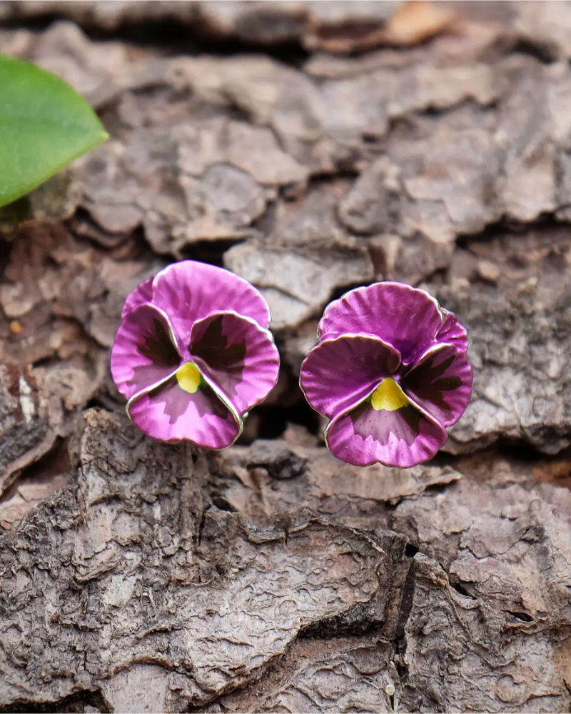 Pansy Flower Stud Earrings in Pink & Purple
